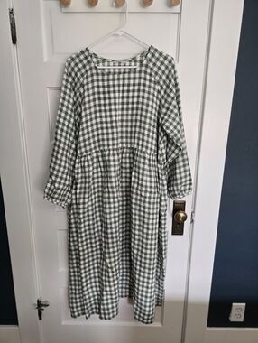 Linenfox Margo Smock 100% Linen Dress Green Gingham S/M